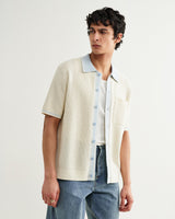 wax london men's Belle - Ecru Blue Tipped Pointelle Polo Shirt