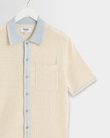 wax london men's Belle - Ecru Blue Tipped Pointelle Polo Shirt