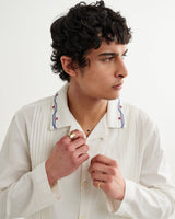 wax london men's Corey - Ecru Pintuck Border Cotton-Linen Shirt