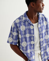 wax london men's Didcot - Blue And Ecru Corded Lace Short-Sleeve Shirt