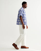 wax london men's Didcot - Blue And Ecru Corded Lace Short-Sleeve Shirt