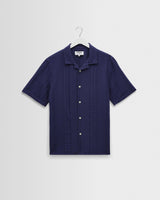 wax london men's Didcot - Dark Blue Double-Weave Seersucker Short-Sleeve Shirt