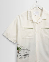 wax london men's Didcot - Ecru And Multicolour Embroidered Short-Sleeve Shirt