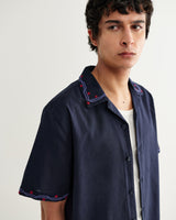 wax london men's Didcot - Navy Cross-Stitch Border Short-Sleeve Shirt