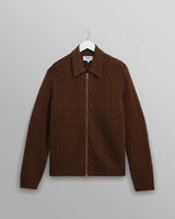 wax london men's Friar - Brown Brush Cable Knit Zip Cardigan