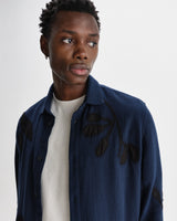 wax london men's Halcomb - Navy Herringbone Cotton Applique Shirt