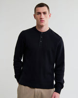 wax london men's Halton - Black Waffle Long-Sleeve Henley T-Shirt