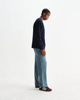 wax london men's Hayden - Navy Textured Organic Cotton Long Sleeve T-Shirt