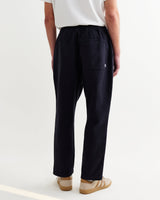 wax london men's Kurt - Navy Crinkle Cotton-Linen Relaxed Fit Trousers