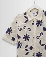 wax london men's Porto - Ecru And Navy Doodle Crochet Knitted Shirt