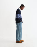 wax london men's Rowhill - Navy And Blue Panelled Loopback Rugby Shirt