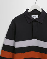 wax london men's Rowhill - Navy Stripe Panelled Loopback Rugby Shirt