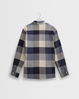 wax london men's Whiting - Navy And Ecru Block Check Overshirt