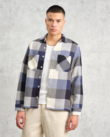 wax london men's Whiting - Navy And Ecru Block Check Overshirt