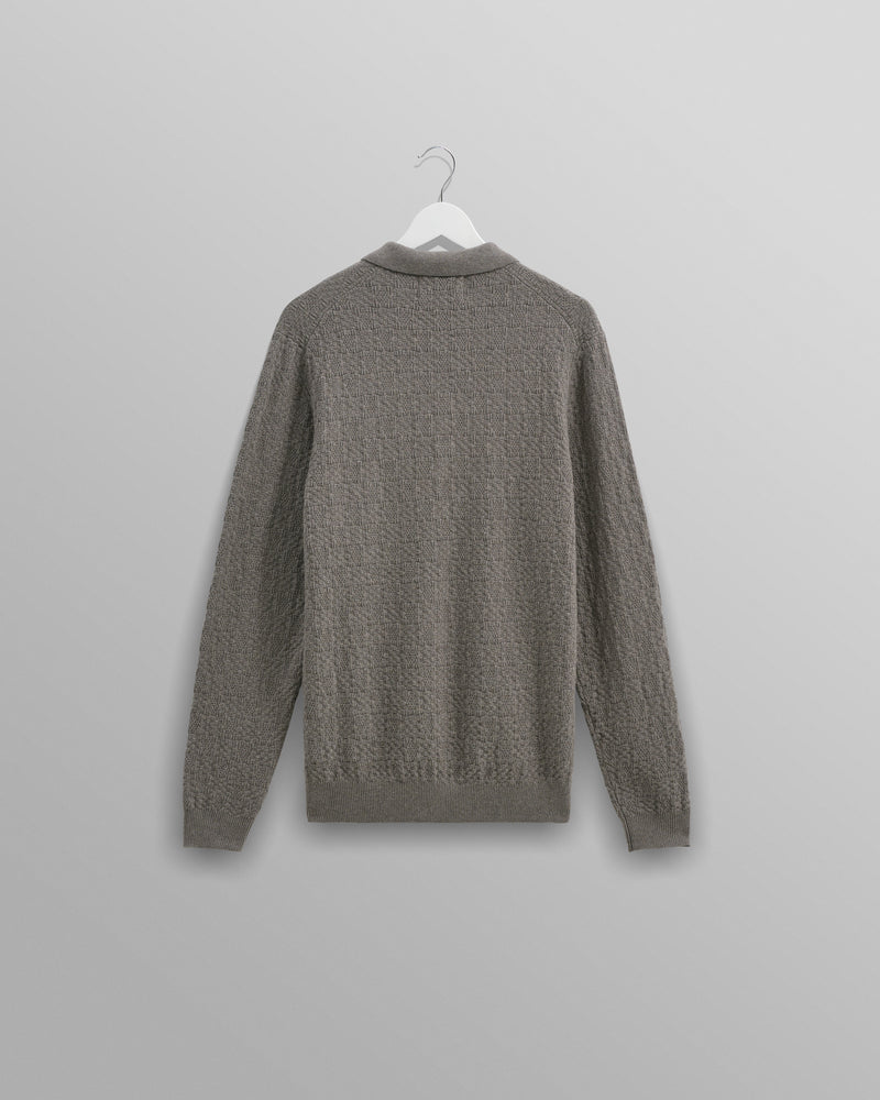 Oban - Grey Marl Textured-Check Knitted Long Sleeve Polo Shirt