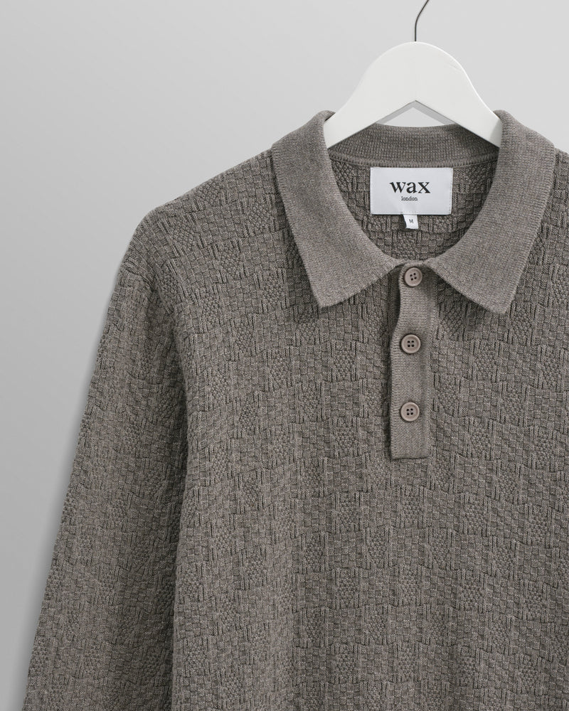 Oban - Grey Marl Textured-Check Knitted Long Sleeve Polo Shirt