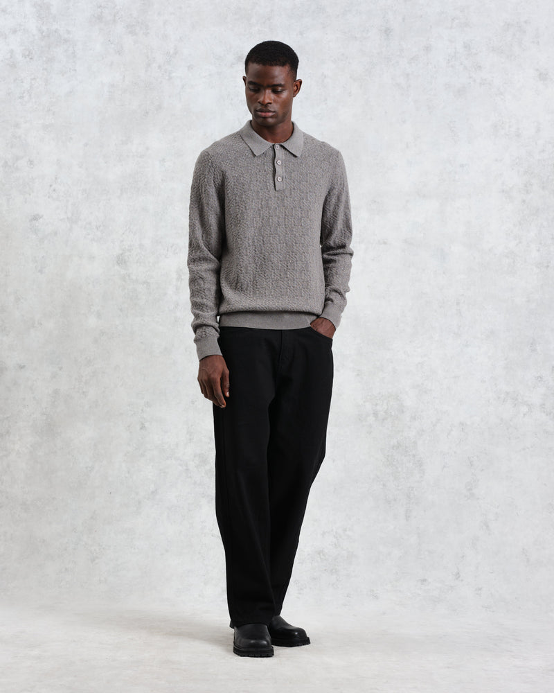 Oban - Grey Marl Textured-Check Knitted Long Sleeve Polo Shirt