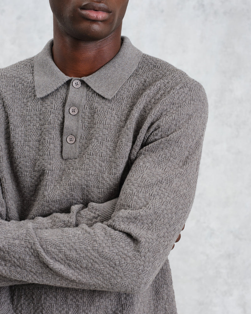 Oban - Grey Marl Textured-Check Knitted Long Sleeve Polo Shirt