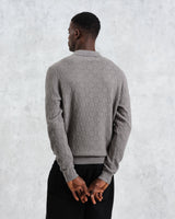 Oban - Grey Marl Textured-Check Knitted Long Sleeve Polo Shirt