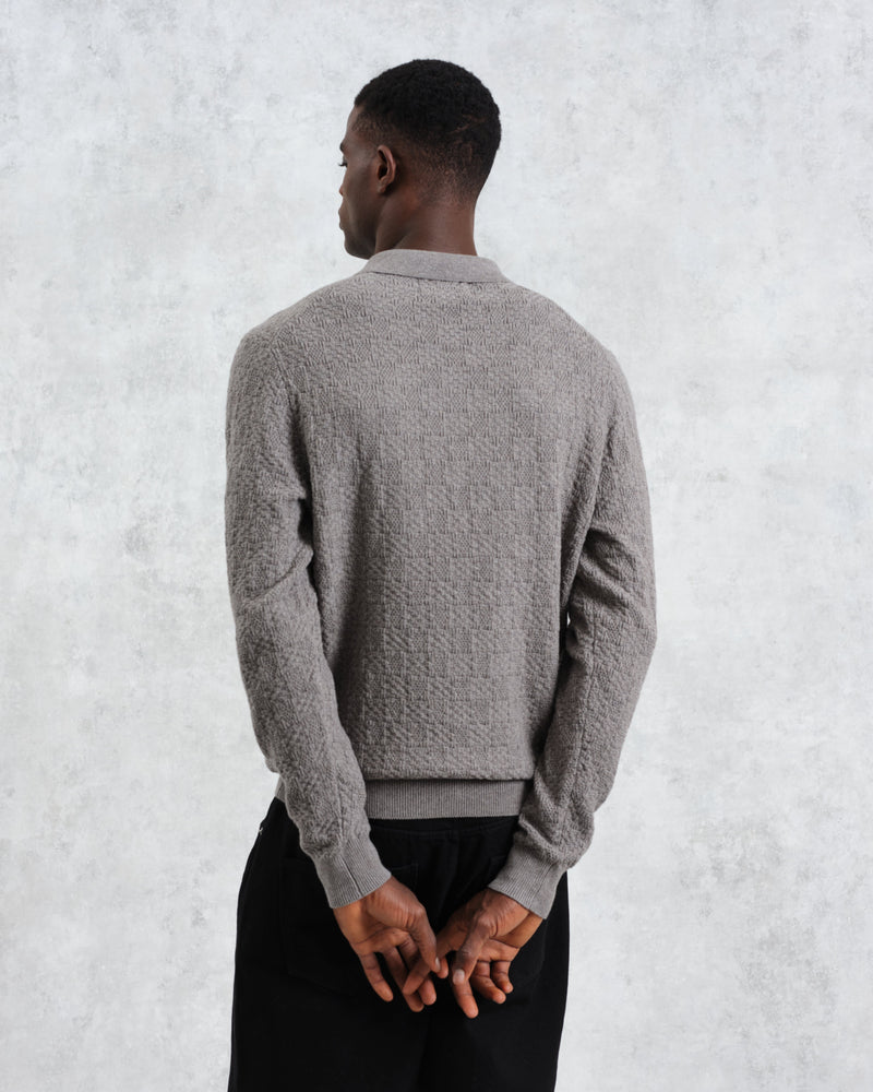 Oban - Grey Marl Textured-Check Knitted Long Sleeve Polo Shirt