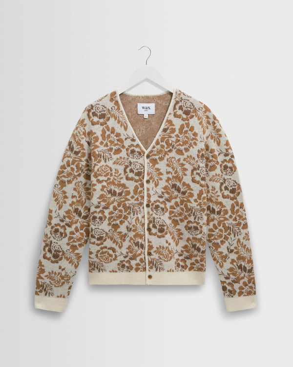 wax london men's Alban - Natural And Brown Floral Textured Jacquard Cardigan