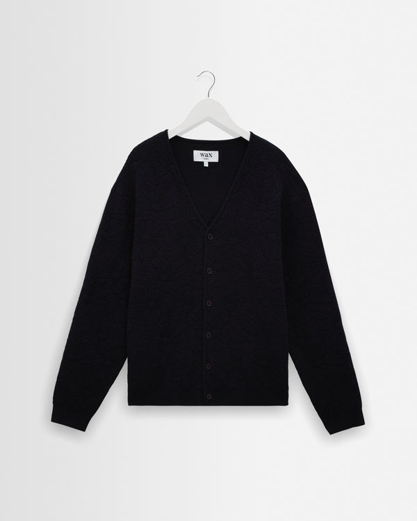 wax london men's Alban - Navy And Black Floral Jacquard Cardigan