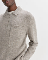 wax london men's Alpha - Grey Plain Stitch Fleck-Wool Zip Polo