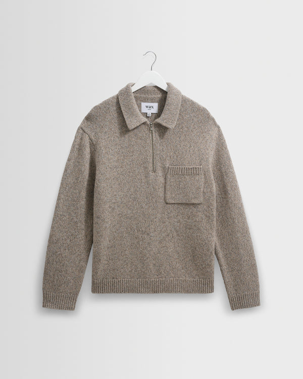 wax london men's Alpha - Grey Plain Stitch Fleck-Wool Zip Polo