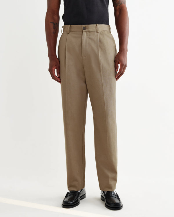 wax london men's Aubyn - Beige Cotton Tencel Twill Loose Fit Trousers