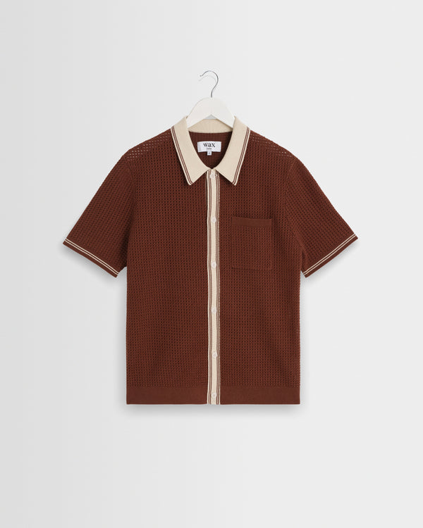 wax london men's Belle - Dark Brown Tipped Pointelle Polo Shirt