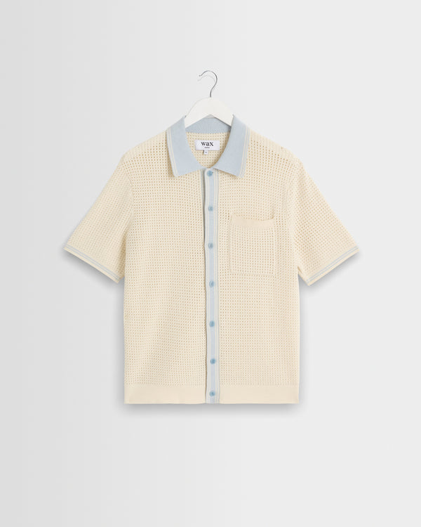 wax london men's Belle - Ecru Blue Tipped Pointelle Polo Shirt