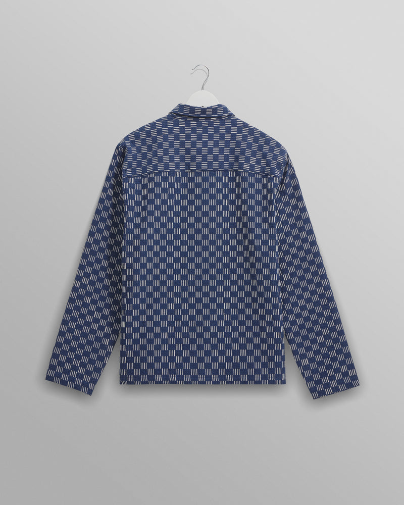 wax london Breton - Indigo And Ecru Geometric Grid Stitch Overshirt