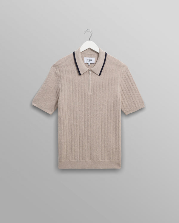 wax london men's Bury - Natural Melange Stripe Zip Polo
