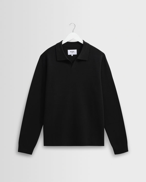 wax london men's Carter - Black Open Collar Milano Knit Polo