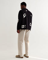 wax london men's Corey - Black And Beige Abstract Applique Cotton-Linen Shirt