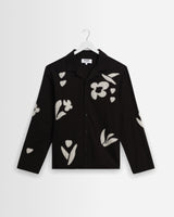 wax london men's Corey - Black And Beige Abstract Applique Cotton-Linen Shirt
