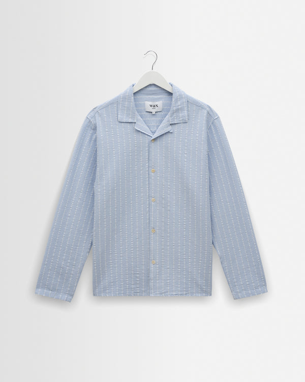 wax london men's Corey - Blue And Ecru Seersucker-Cotton Stripe Shirt