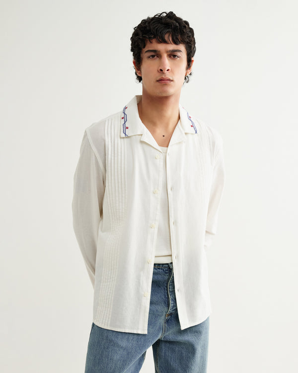 wax london men's Corey - Ecru Pintuck Border Cotton-Linen Shirt