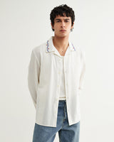 wax london men's Corey - Ecru Pintuck Border Cotton-Linen Shirt