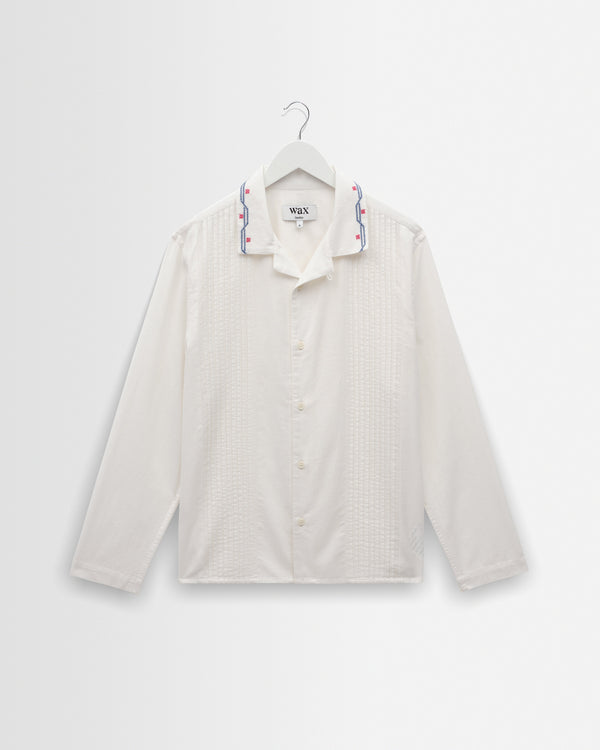 wax london men's Corey - Ecru Pintuck Border Cotton-Linen Shirt