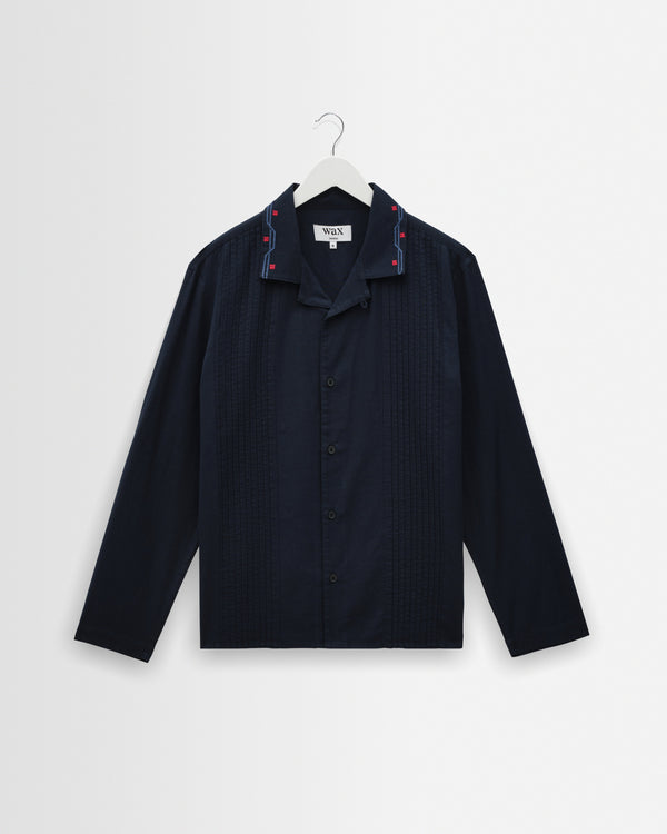 wax london men's Corey - Navy Pintuck Border Cotton-Linen Shirt