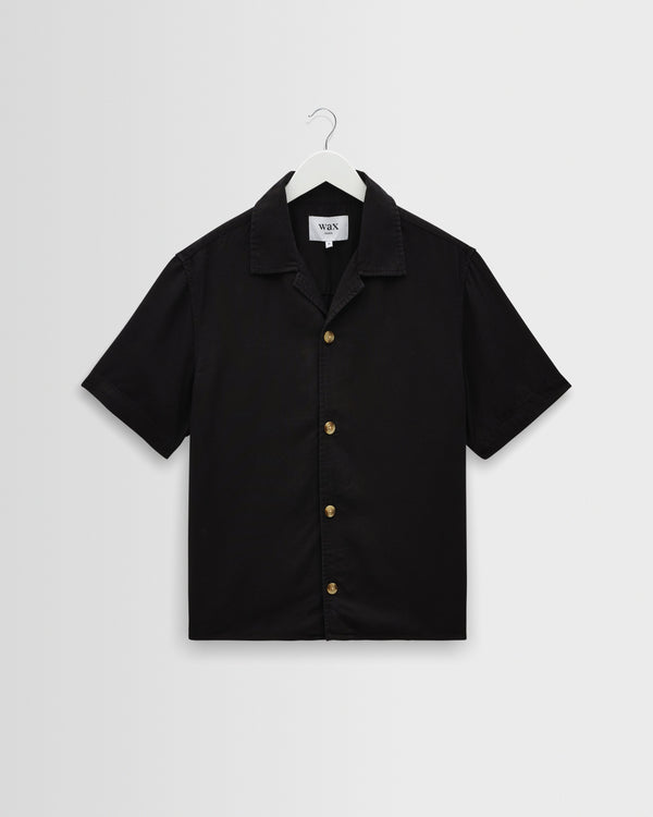 wax london men's Curzon - Black Lyocell Twill Short-Sleeve Shirt