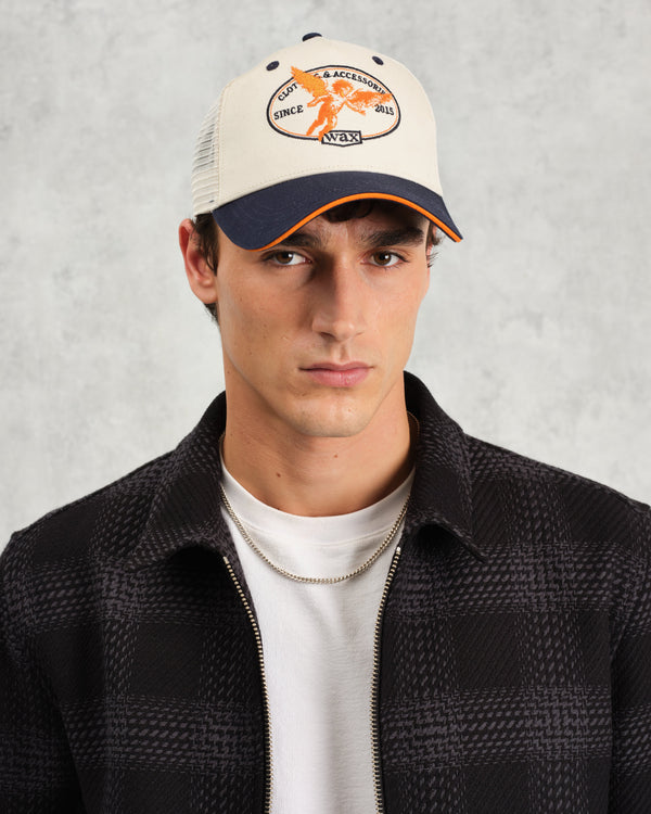 wax london Dale - Ecru And Navy Cherub Trucker Cap