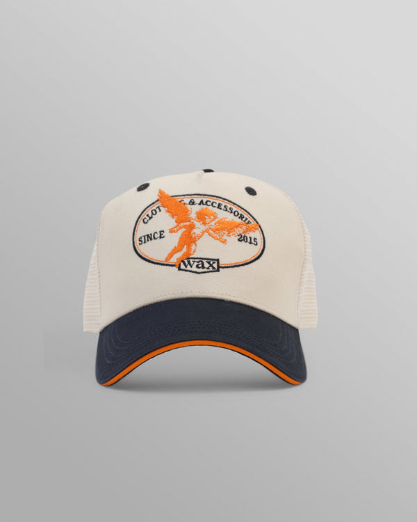wax london Dale - Ecru And Navy Cherub Trucker Cap