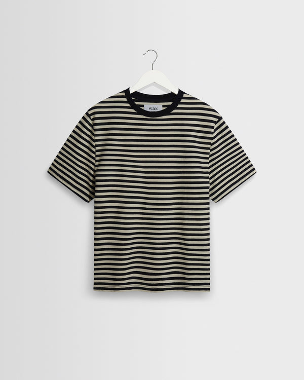wax london men's Dean - Navy/Ecru Striped Textured Organic Cotton T-Shirt