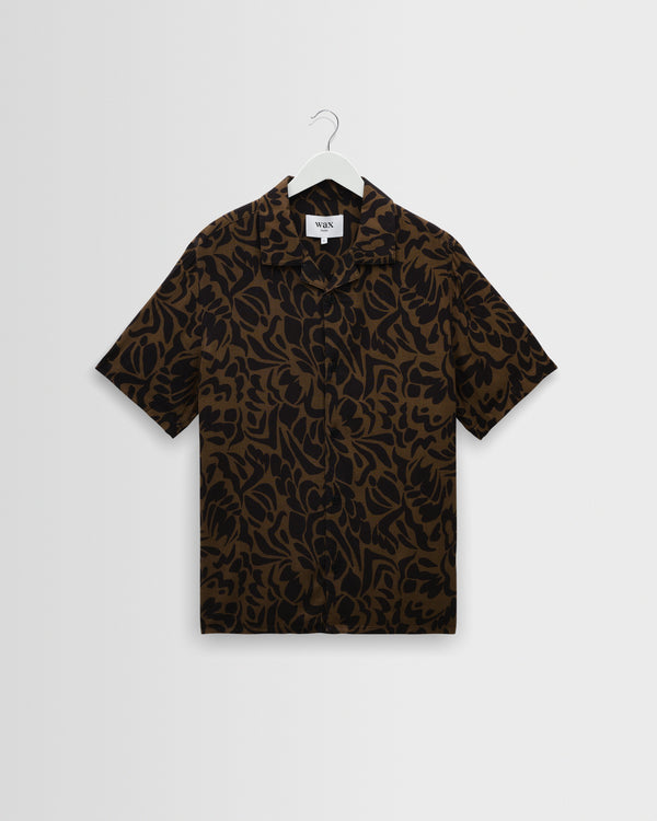 wax london men's Didcot - Black And Brown Floral Viscose Short-Sleeve Shirt