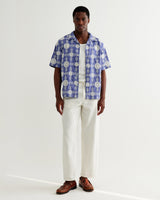 wax london men's Didcot - Blue And Ecru Corded Lace Short-Sleeve Shirt