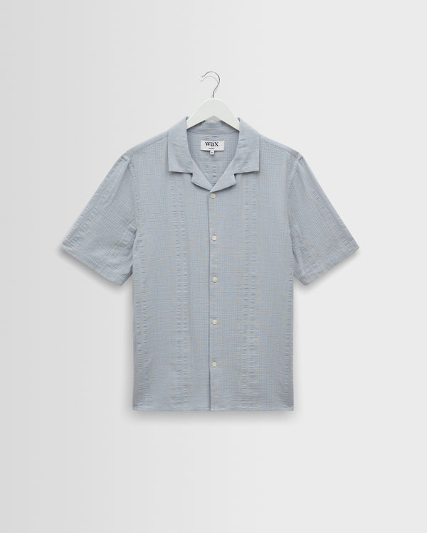 wax london men's Didcot - Blue Double-Weave Seersucker Short-Sleeve Shirt