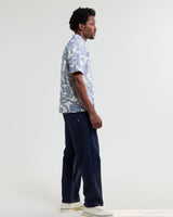 wax london men's Didcot - Ecru And Blue Geometric Embroidered Short-Sleeve Shirt