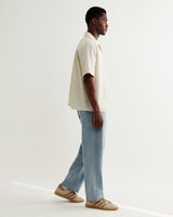 wax london men's Didcot - Ecru And Blue Seersucker Stripe Short-Sleeve Shirt